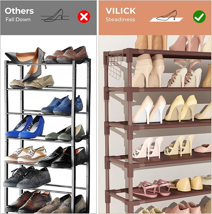 VILICK 11 Tiers Tall Wide Shoe Rack 55 Pairs Large Capacity Sturdy Durable Shoe Rack for Closet Metal Shoe Organizer Shelf with Two Hooks Space Saving for Entryway Brown