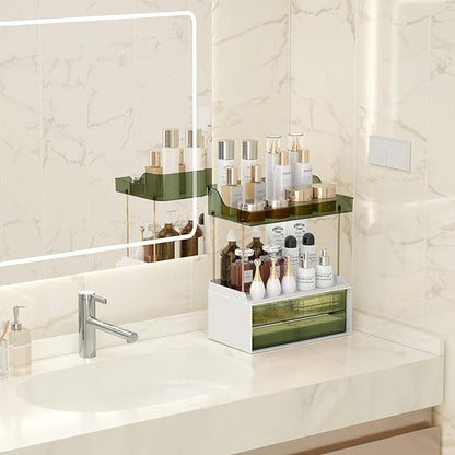 Bathroom Countertop Organizer with 2-Drawer, 3 Tier Makeup Organizer for Vanity, Large Multi-Purpose Makeup Skin Care Organizer for Vanity, Dark Green