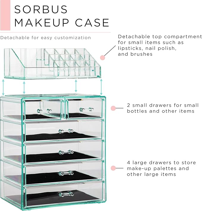Sorbus Acrylic Makeup Organizer Set, 6-Drawer Vanity & Countertop Cosmetic Storage with Small & Wide Compartments, Teal Thrill Makeup Storage for Brushes, Jewelry – Holiday Gift for Women & Teens