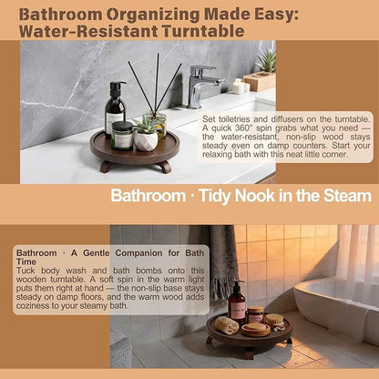12" Solid Wood Lazy Susan Turntable Organizer for Cabinet, Pantry, Kitchen Countertop - Farmhouse Style with Raised Feet & Water-Resistant Coating, Rustic Bathroom Vanity Tray and Dining Table Decor
