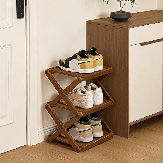 YYW Shoe Rack, Foldable Bamboo Shoes Shelf, Freestanding Shoe Storage Organiser for Entryway, Bedroom, Closet, Hallway - Functional, Natural Shoe Rack (Brown, 3 Layers)