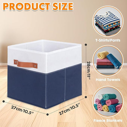 ShellKingdom Storage Bins, Two-Tone Foldable Fabric Storage Cubes with Leather Handle for Closet Toys Clothes Storage Organizer Drawer, 10.5 X 10.5 X 11 inch (White/Dark Blue)
