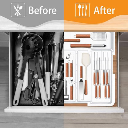 Homecor Kitchen Drawer Organizer Large Expandable Silverware Organizer, Utensil Holder and Flatware Tray, Kitchen Spatula Tools and Gadgets Storage with Removable Knife Blocks and 3 Dividers, White
