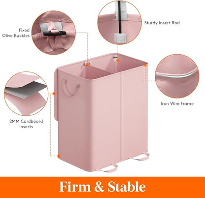 Lifewit Double Laundry Hamper with Lid and Removable Laundry Bags, Large Collapsible 2 Dividers Dirty Clothes Basket with Handles for Bedroom Laundry Room Closet Bathroom College, 155L Pink