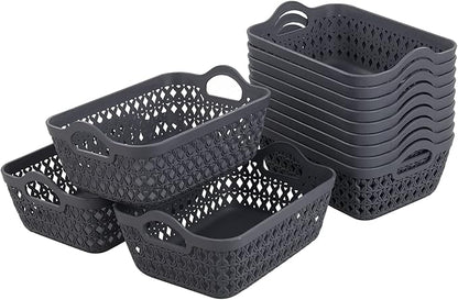 Readsky Small Plastic Storage Baskets with Handles, Desktop Weave Storage Baskets, Deep Grey, 12 Packs