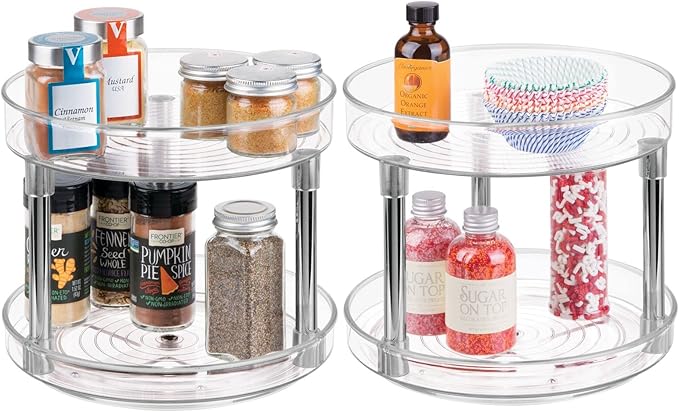 mDesign 2-Tier Lazy Susan Turntable for Kitchen Cabinets, Shelf, Table, Countertop, 9" Multi Level Rotating Organizer Carousel, Storage Turntable Organizer, Ligne Collection, 2 Pack, Clear/Chrome