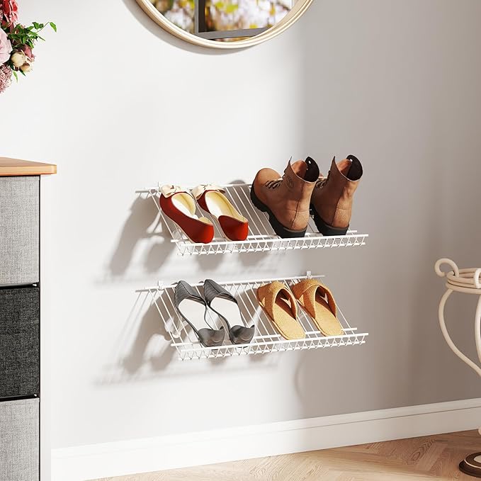 Giantex Wall Mounted Shoe Rack Set of 2, 24" Metal Wire Storage Shelf, Closet Storage Organizer Kit, Configurations Custom Shelving Unit for Entryway, Laundry Room, Bedroom, White