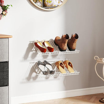 Giantex Wall Mounted Shoe Rack Set of 2, 24" Metal Wire Storage Shelf, Closet Storage Organizer Kit, Configurations Custom Shelving Unit for Entryway, Laundry Room, Bedroom, White