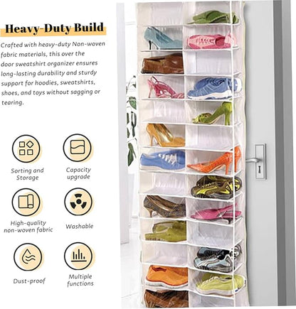 Over the Door Hoodie Organizer, Over the Door Sweatshirt Organizer Hanging Clear Shoe with 26 Pocket Foldable Heavy Duty Toy Storage