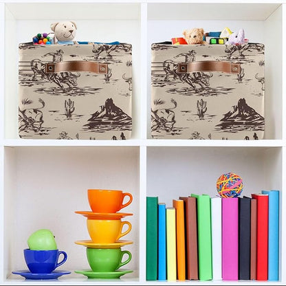 West Cactus Cowboy Large Storage Basket Cube Storage Bin Canvas Fabric Organizer Handles Collapsible Decorative for Clothes Toys Bedroom