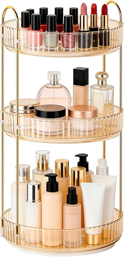 360 Rotating Makeup Organizer for Vanity, 3 Tier Perfume Skincare Organizers and Storage for Bathroom Countertop, Large Capacity Clear Spinning Counter Cosmetic Holder for Dresser, Amber Gold