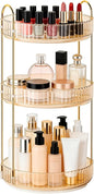 360 Rotating Makeup Organizer for Vanity, 3 Tier Perfume Skincare Organizers and Storage for Bathroom Countertop, Large Capacity Clear Spinning Counter Cosmetic Holder for Dresser, Amber Gold