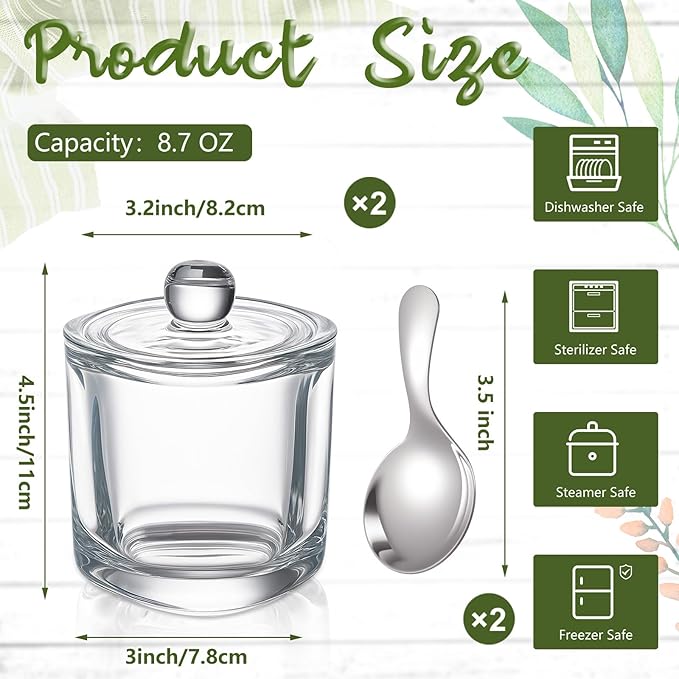 Reallnaive 2 Set Glass Salt Cellar with Lid and Spoon Container for Kosher, Sea, Himalayan Salt, Candy, Pepper, Heavyweight Seasoning Jar, Dishwasher Safe, 8.7oz (White)