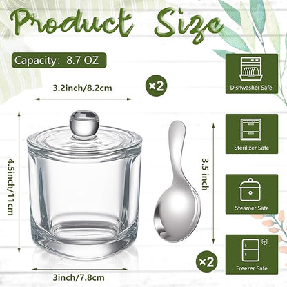 Reallnaive 2 Set Glass Salt Cellar with Lid and Spoon Container for Kosher, Sea, Himalayan Salt, Candy, Pepper, Heavyweight Seasoning Jar, Dishwasher Safe, 8.7oz (White)