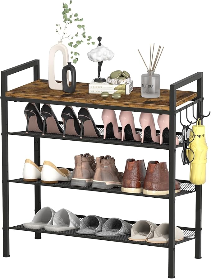 4 Tier Shoe Rack, Shoe Rack for Front Door Entrance with Hook, Steel Frame and Adjustable Mesh Shelves, Metal Shoe Organizer for Entryway, Bedroom, Closet