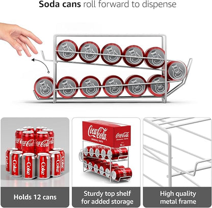Sorbus Soda Can Rack Beverage Dispenser Dispenses 12 Standard Size 12oz Cans - Refrigerator Can Dispenser Rack (2 Pack, White)