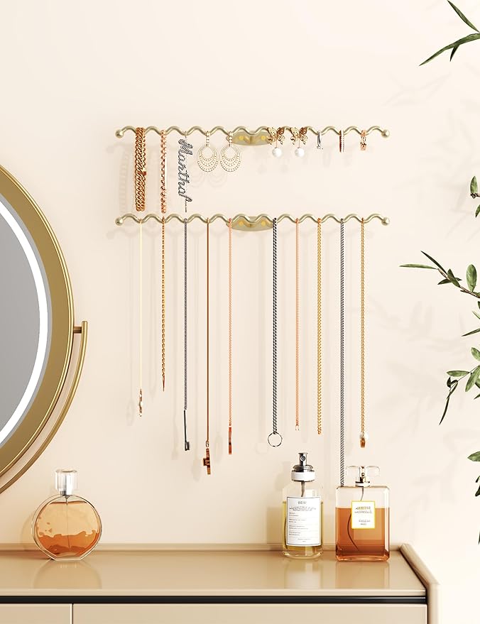 NiHome Wall Mounted Metal Jewelry Organizer Racks for Necklaces, Earrings, Bracelets, Rings, Decorative Display Wave Design Storage Holders for Bedroom, Bathroom, Kitchen, Entryway (2-Pack, Gold)