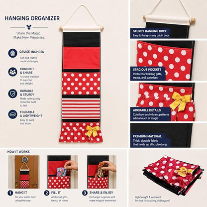 Fish Extender Door Hanger for Cruise Cabin, 4 Pocket Hanging Organizer for Fish Exchange Gifts, Storage Bag, (Black/red)