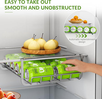 Refrigerator Hanging Soda Can Dispenser for Refrigerator Stainless Steel Double Row Fridge Drink Organizer Holds Up to 10 Cans of Soda Fits Fridges 15-23in Inner Depth