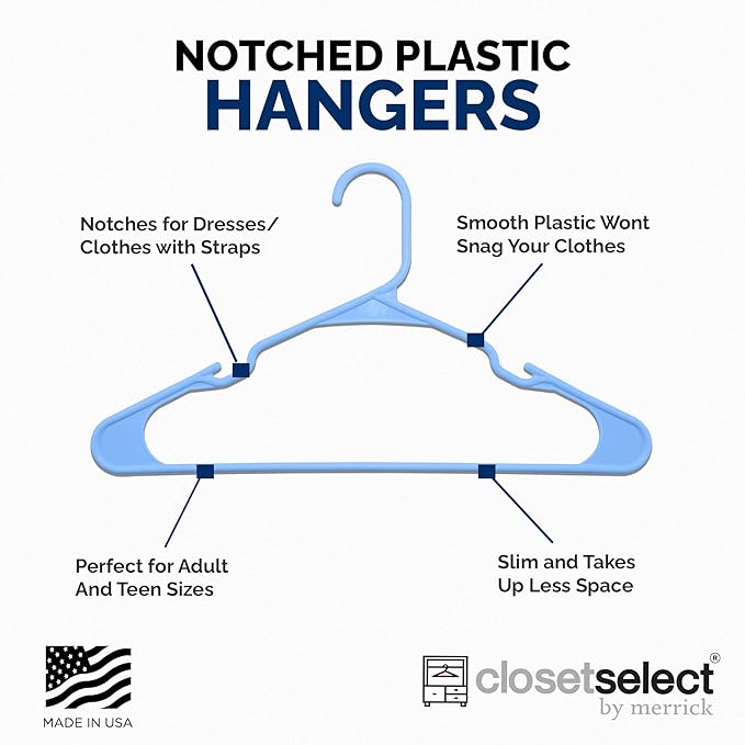 Closetselect Plastic Hangers 50 Pack - Space Saving Clothes Hangers, Made in USA, Durable & Strong Plastic Shirt & Coat Hanger with Notches & Shoulder Grooves, Non-Slip Clothing Hangers | Victory Blue