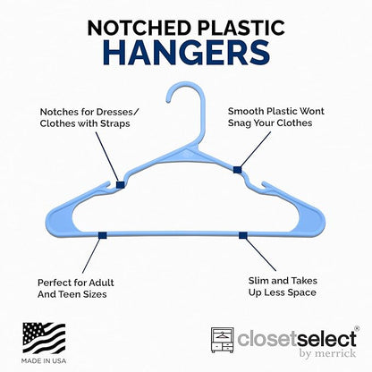 Closetselect Plastic Hangers 50 Pack - Space Saving Clothes Hangers, Made in USA, Durable & Strong Plastic Shirt & Coat Hanger with Notches & Shoulder Grooves, Non-Slip Clothing Hangers | Victory Blue