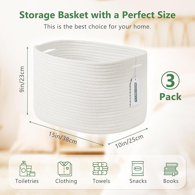 ECDYQXVU Cotton Rope Storage Basket, 15x10x9 Inches, Woven Basket for Shelves, Clothes, Towels, Books, and Laundry, White (3 Pack)