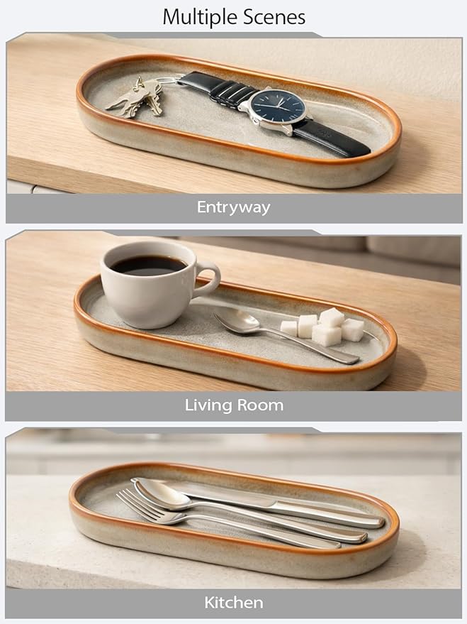 Reactive Glaze Ceramic Bathroom Tray with Brown Rim, Oval Vanity Organizer Dish for Perfume, Jewelry & Soap, Unique Kiln-Fired Decorative Tray for Bathroom Countertop, Dresser, Coffee Bar
