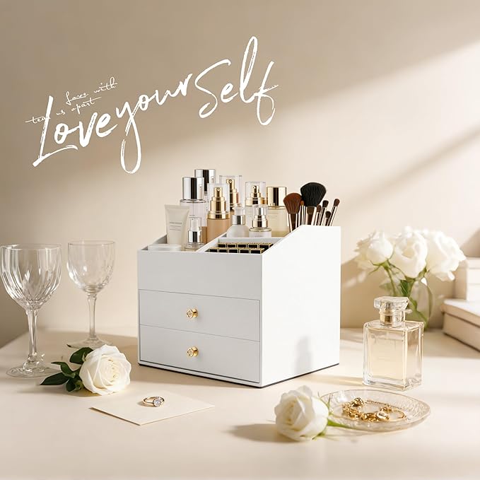 Homeanda Makeup Organizer with Drawers, PU Leather Cosmetic Storage Box Large Cosmetic Display Case for Skincare, Lipstick, Brushes, Bedroom Storage(White)