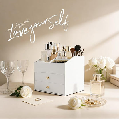 Homeanda Makeup Organizer with Drawers, PU Leather Cosmetic Storage Box Large Cosmetic Display Case for Skincare, Lipstick, Brushes, Bedroom Storage(White)