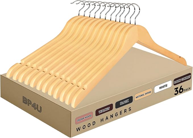 Premium Wooden Top Hangers, Heavy Duty Solid Wood Suit Hangers with 360° Swivel Hook & Anti-Slip Notches, Durable Clothes Hangers for Jackets, Coats, Shirts & Dresses(Natural Wood/36-Pack)