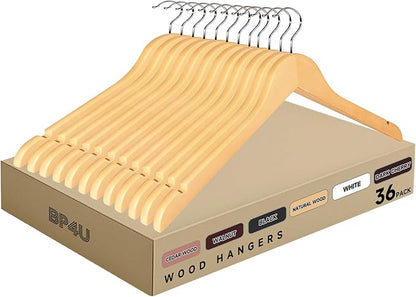 Premium Wooden Top Hangers, Heavy Duty Solid Wood Suit Hangers with 360° Swivel Hook & Anti-Slip Notches, Durable Clothes Hangers for Jackets, Coats, Shirts & Dresses(Natural Wood/36-Pack)