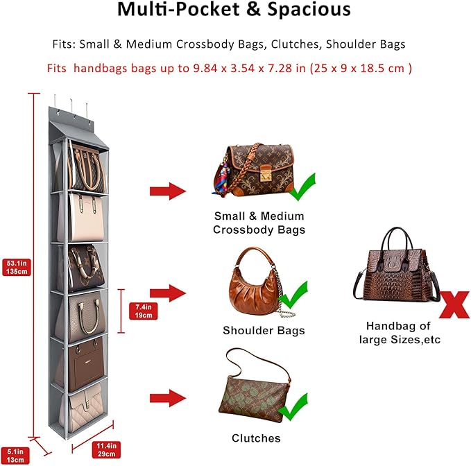 Lirex Over The Door Purse Organizer & Purse Shelf for Closet – Handbag Storage Organizer with Purse Hanger. Perfect for Scarves, Hats, and Leggings. S (11.8'' x 5'' x 51.6''), Grey