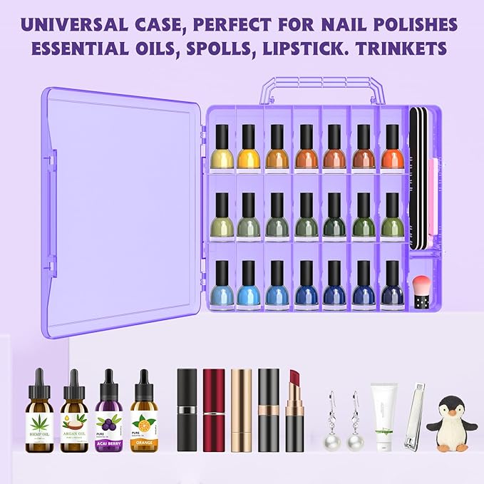 SUBAY Portable Nail Polish Organizer, Clear Double Side Nail Polish Holder,Gel Nail Storage for 48 Bottles with 6 Adjustable Dividers in Each Side Space Saver, Purple