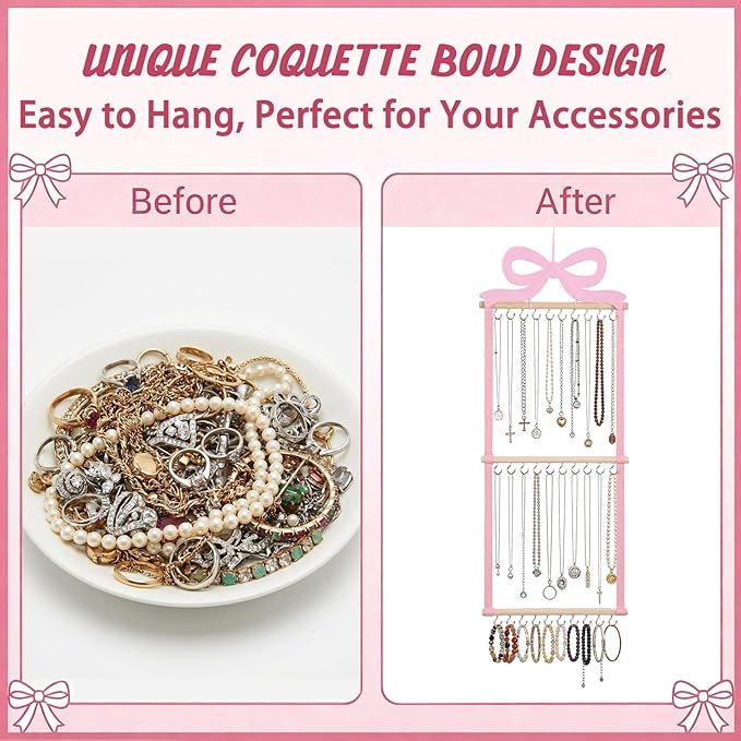 Sliner Pink Bow Hanging Jewelry Organizer Coquette Necklace Holder Wall Mounted with 30 Hooks Jewelry Hanger over Door Necklace Rack for Earrings Bracelets Headband Rings Women Bedroom Decor