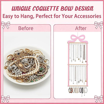 Sliner Pink Bow Hanging Jewelry Organizer Coquette Necklace Holder Wall Mounted with 30 Hooks Jewelry Hanger over Door Necklace Rack for Earrings Bracelets Headband Rings Women Bedroom Decor