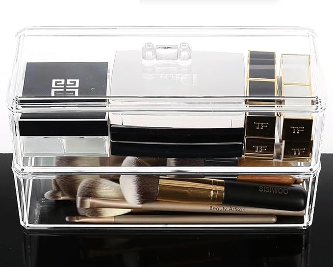 Acrylic Makeup Organizer Cosmetic Storage Display Case Makeup Brush Cotton Ball Pads Swab Q-tip Holder Lipstick Dispenser Canister Bathroom Container (9.2x3.7x5.1in, 2 Tiers, Clear)