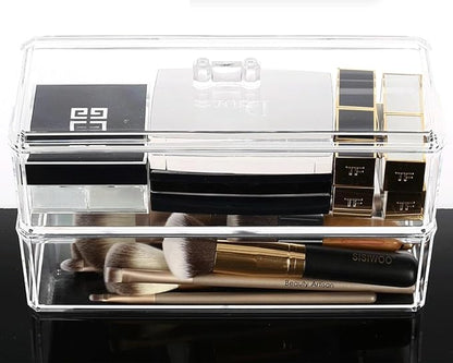 Acrylic Makeup Organizer Cosmetic Storage Display Case Makeup Brush Cotton Ball Pads Swab Q-tip Holder Lipstick Dispenser Canister Bathroom Container (9.2x3.7x5.1in, 2 Tiers, Clear)