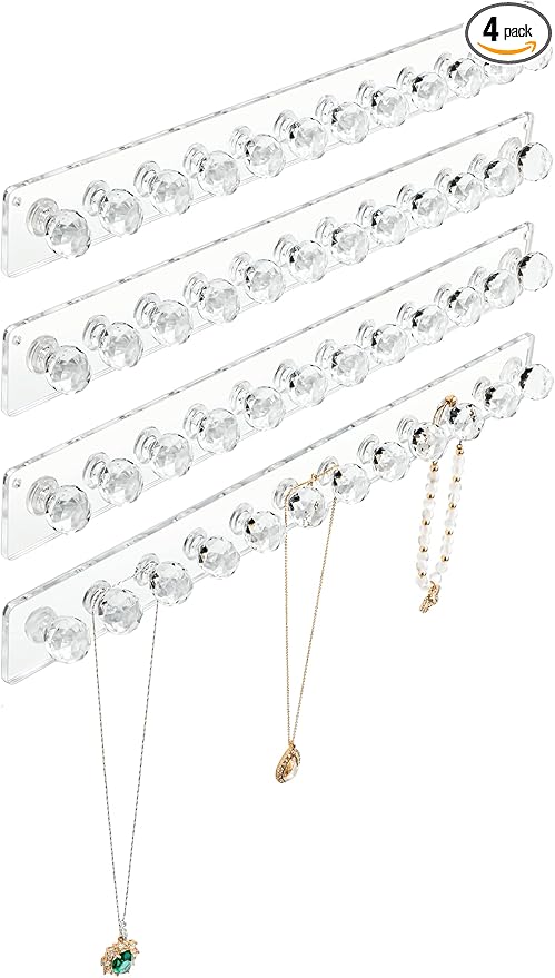 Heesch Necklace Hanger, Acrylic Necklace Organizer Wall Mount Necklace Holder, Jewelry Hooks for Necklaces, Bracelets, Chains (4-pack Clear)