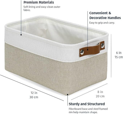 OrganiHaus 12x8in Canvas Storage Baskets 3 Pack | SMALL Fabric Bins for Shelves | Pantry & Bathroom Organizer | Beige/Off-White