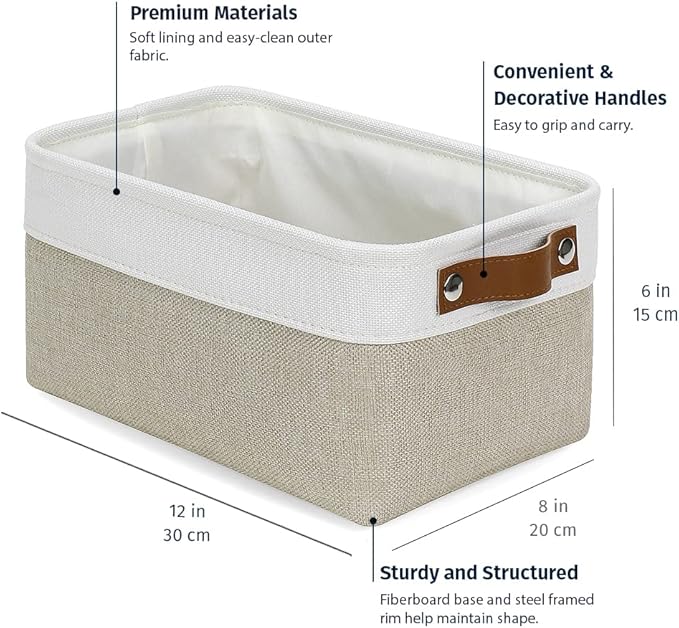 OrganiHaus 12x8in Canvas Storage Baskets 6 Pack | SMALL Fabric Bins for Shelves | Pantry & Bathroom Organizer | Beige/Off-White