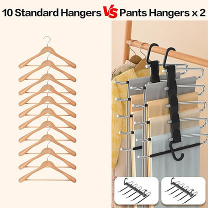 Pants Hangers Space Saving - 2 Pack Closet Organizer and Storage Jean Hangers, Stainless Steel Anti-Slip Clothes Hanger Scarf Holder for Pants Jeans Leggings Trousers Pant Rack, Black