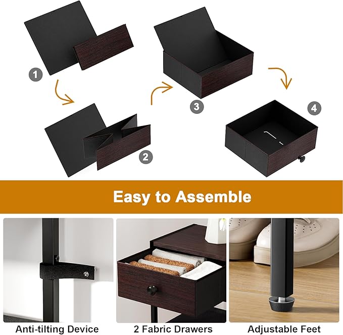 Shoe Rack, 5 Tier Shoe Organizer with 2 Drawers, Metal Shoe Storage for 16-20 Pairs of Shoes with Fabric Shelves and Wooden Top, Narrow Shoe Shelf for Closet Entryway Dark Brown