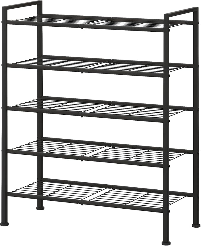 5-Tier Shoe Rack, Metal Storage Shelves for Closet Entryway, Tall Narrow Unit for Small Spaces, Multi-Purpose Organizer for Bedroom Garage, Easy Assembly, Black