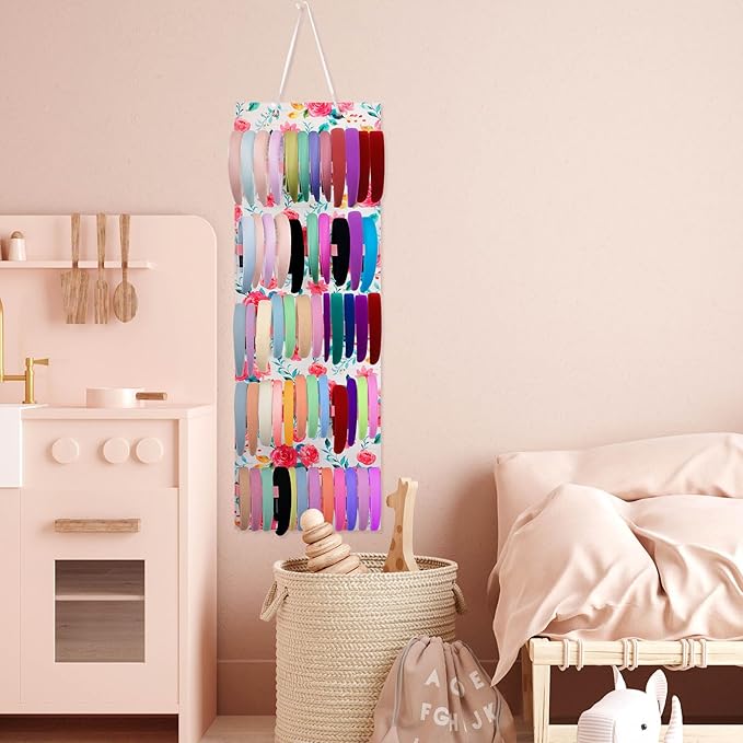 Tudomro Hanging Headband Holder for Girls Felt Hair Accessories Organizer with 60 Elastic Bands Bow Hanger for Girls Hair Bows Without Headbands(Pink, Green,Floral)