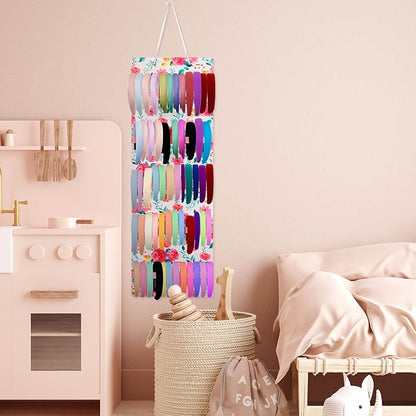Tudomro Hanging Headband Holder for Girls Felt Hair Accessories Organizer with 60 Elastic Bands Bow Hanger for Girls Hair Bows Without Headbands(Pink, Green,Floral)