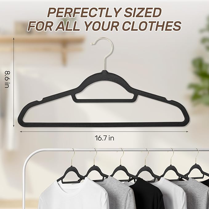 Sishynio Velvet Hangers 30 Pack with Gold Hooks, Non-Slip Slim Felt Hanger for Clothes, Space Saving Heavy Duty Flocked Hangers for Dresses, Coats, Pants(Black)
