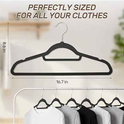 Sishynio Velvet Hangers 30 Pack with Gold Hooks, Non-Slip Slim Felt Hanger for Clothes, Space Saving Heavy Duty Flocked Hangers for Dresses, Coats, Pants(Black)