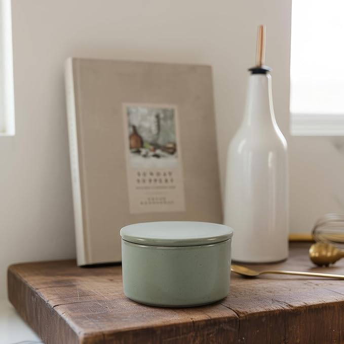 KIBAGA Beautiful Ceramic Salt Cellar with Lid - Spacious Container for Your Kitchen Countertop Keeps Salt Flakes Dry & Fresh - A Decorative Box/Holder For Any Kitchen