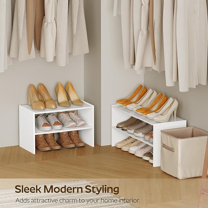 YATINEY Expandable Shoe Rack, 2-Tier Adjustable Entryway Shoe Organizer, Stackable Closet Shoe Rack for Small Space, Compact Shoe Shelf Storage for Garage Holds Up to 12 Pairs, White SS03WW