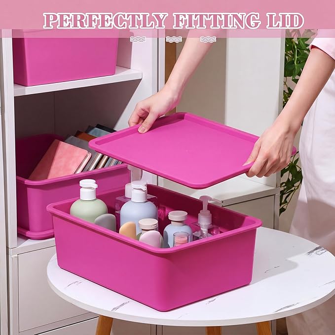 Menkxi 4 Pcs Storage Bins with Lids Plastic Stackable Containers for Organizing Shelves Christmas Ornament Box Baskets(Dark Pink, Light Pink,Large)